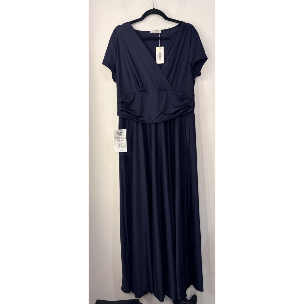 NWT Koh Koh Navy Blue Maxi Dress 2X Faux Wrap Short Sleeve Plus Size